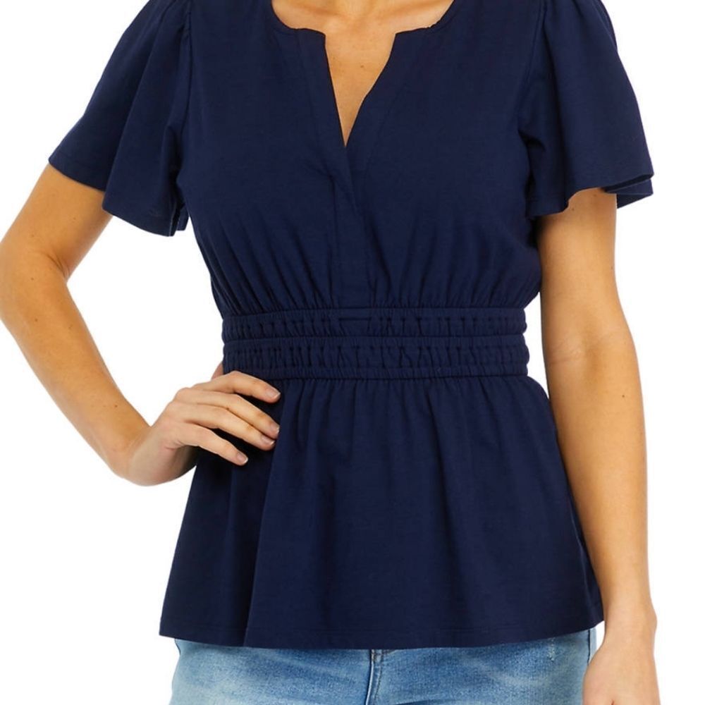 Crown & Ivy Smocked Split Neck Top